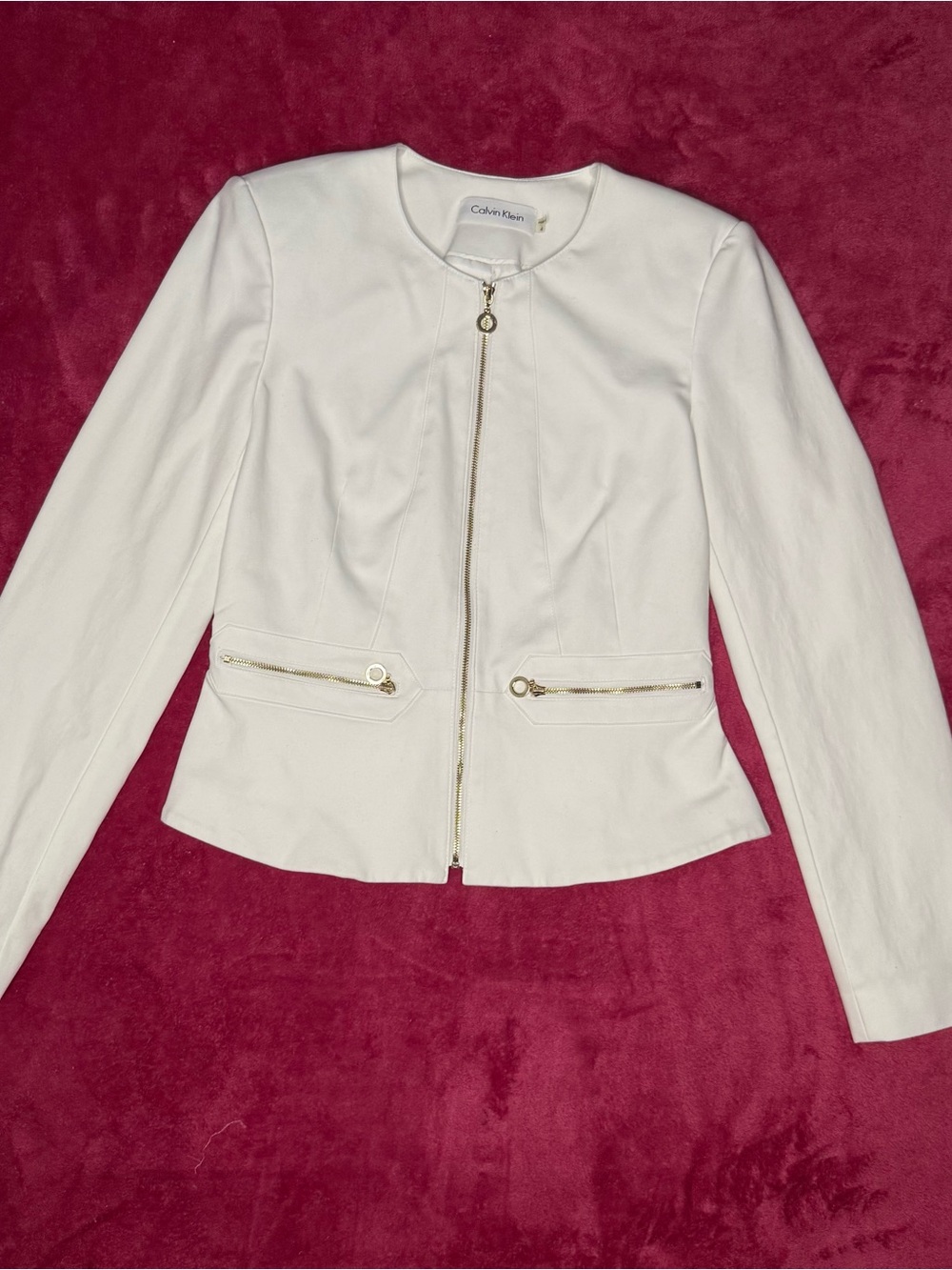 Calvin Klein White with Gold Zip-Front Blazer, Peplum Back